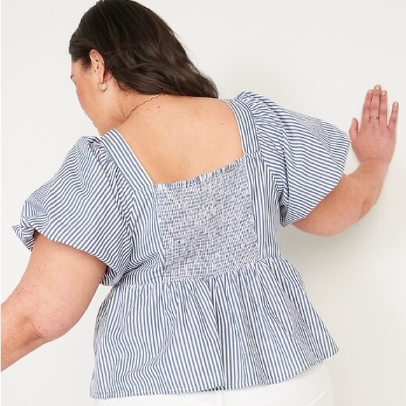 Plus Sized Puff-Sleeve Striped Ruched Smocked Babydoll Swing Blouse - Picture 3 of 8